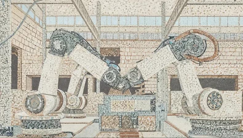 Mosaic artwork of robotic arms on a factory floor
