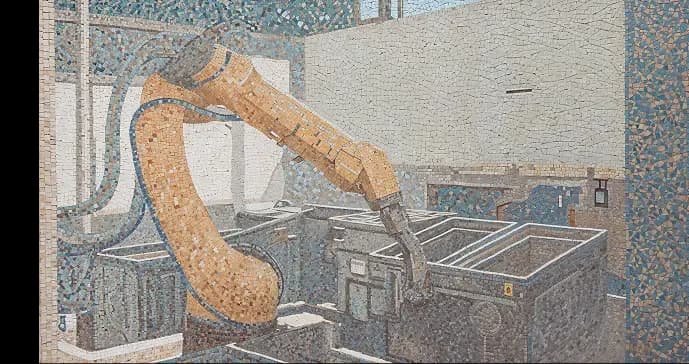 Mosaic artwork of a robotic arm operating in an industrial facility