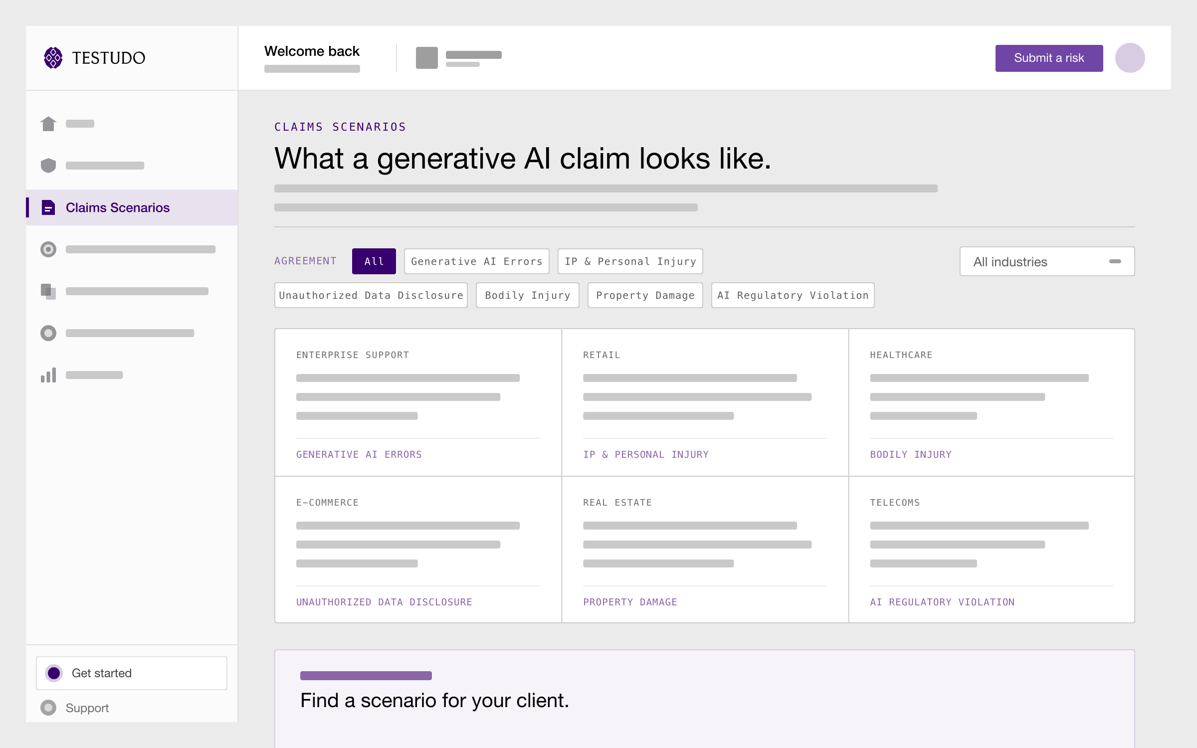 A pale navigation rail with Claims Scenarios lit and the other sections as unlabelled bars, beside a page headed What a generative AI claim looks like. Filter buttons labelled by insuring agreement (All, Generative AI Errors, IP & Personal Injury, Unauthorized Data Disclosure, Bodily Injury, Property Damage, AI Regulatory Violation) and an All industries dropdown sit above a ruled grid of six scenarios, each stamped with an industry and closing on the agreement that responds. A Find a scenario for your client panel is cut off at the bottom.