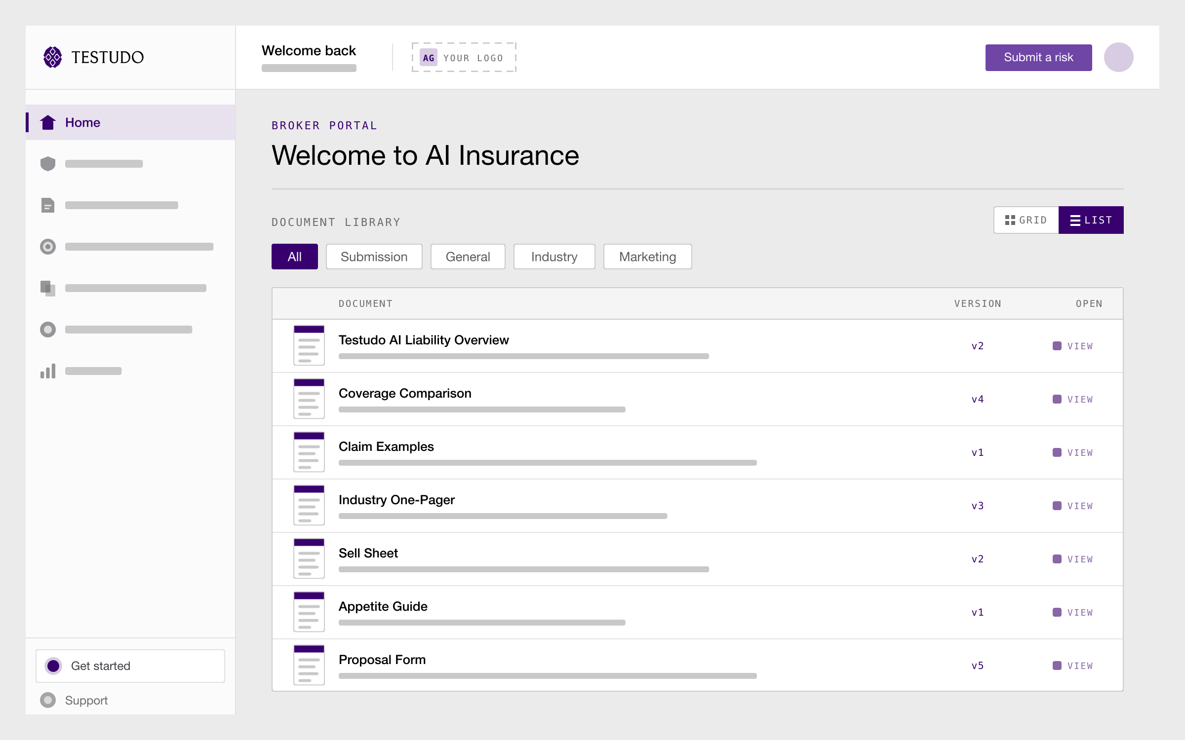 A pale navigation rail with Home lit and the other sections as unlabelled bars, beside a page headed Welcome to AI Insurance. A GRID and LIST switch set to LIST and category buttons reading All, Submission, General, Industry and Marketing sit above a list of seven documents, each with a page thumbnail, a title, a version and a View link. The topbar carries a dashed slot reading AG YOUR LOGO.